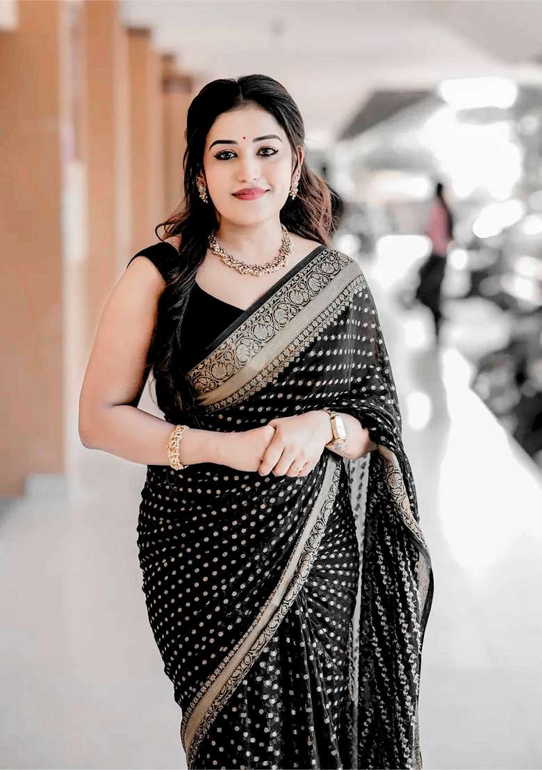 Black Embroidered Silk Blend Saree Set for Diwali and Festive Wear - Indya