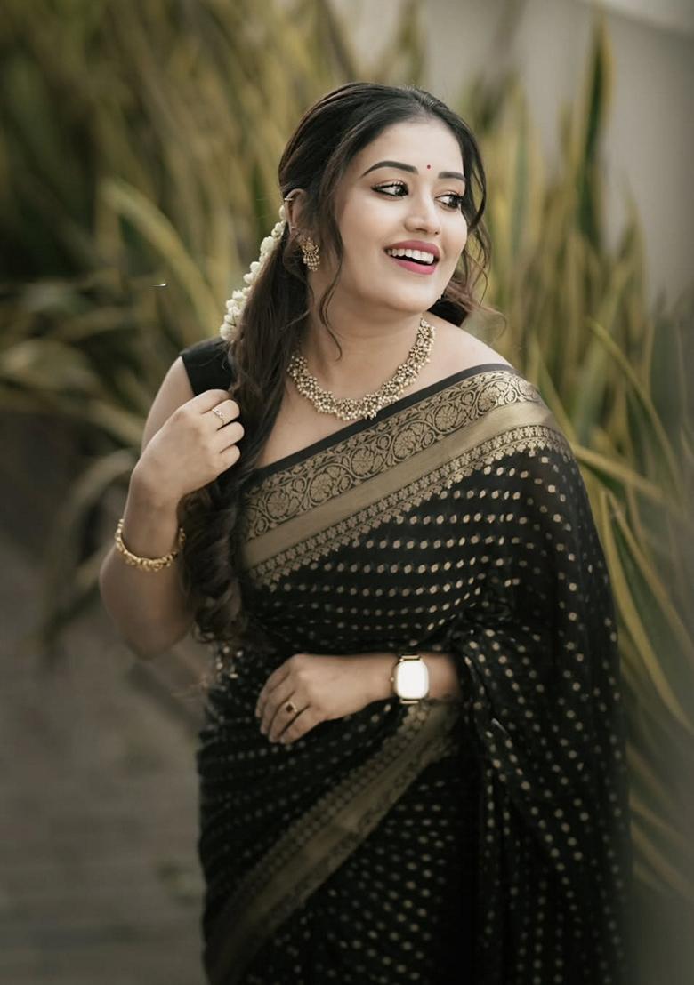 Black Embroidered Silk Saree Set - Indya