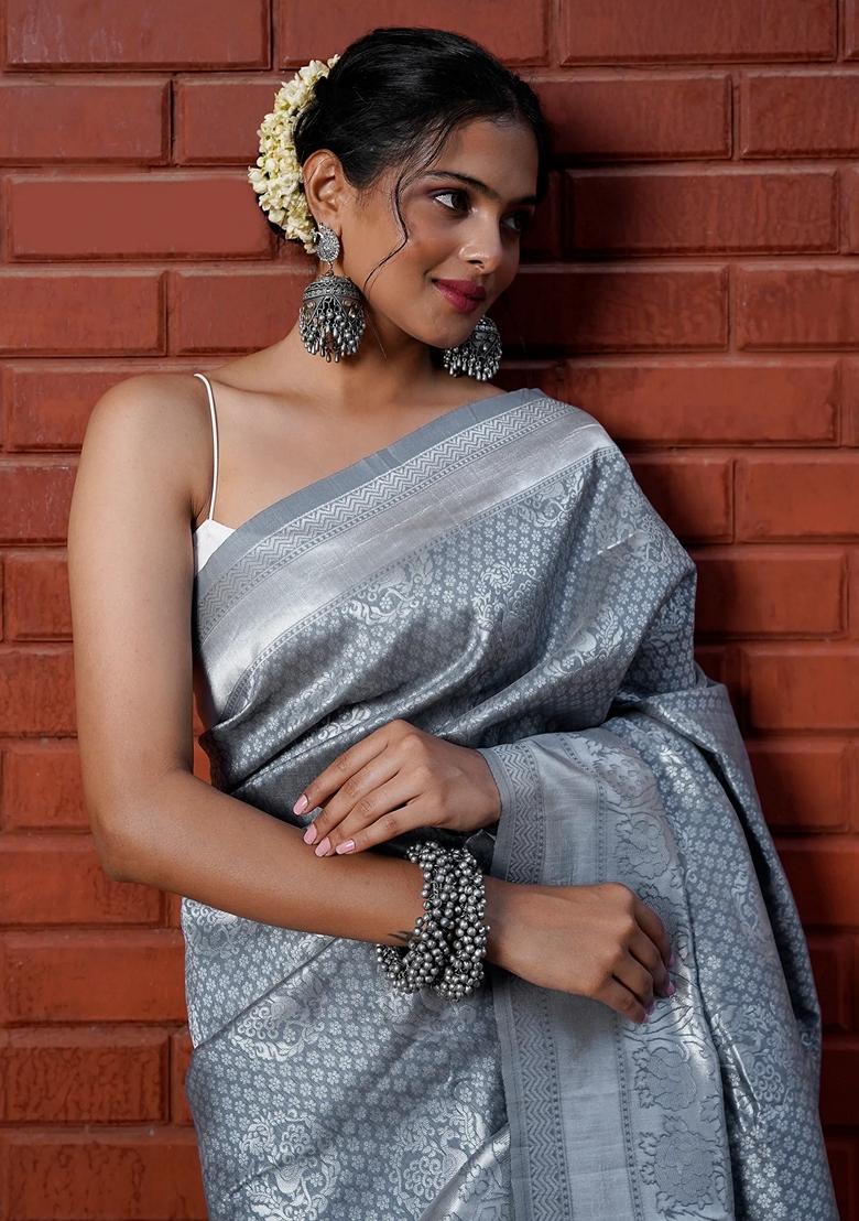 Grey Embroidered Silk Saree Set - Indya