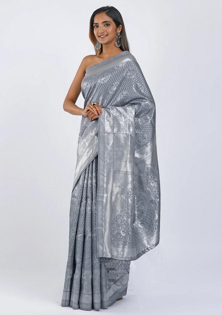 Grey Embroidered Silk Saree Set - Indya