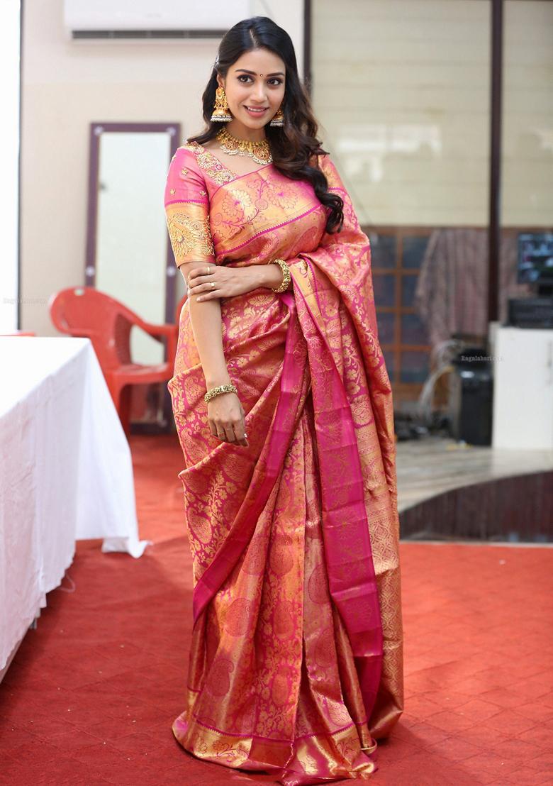 Pink Embroidered Silk Saree Set - Indya