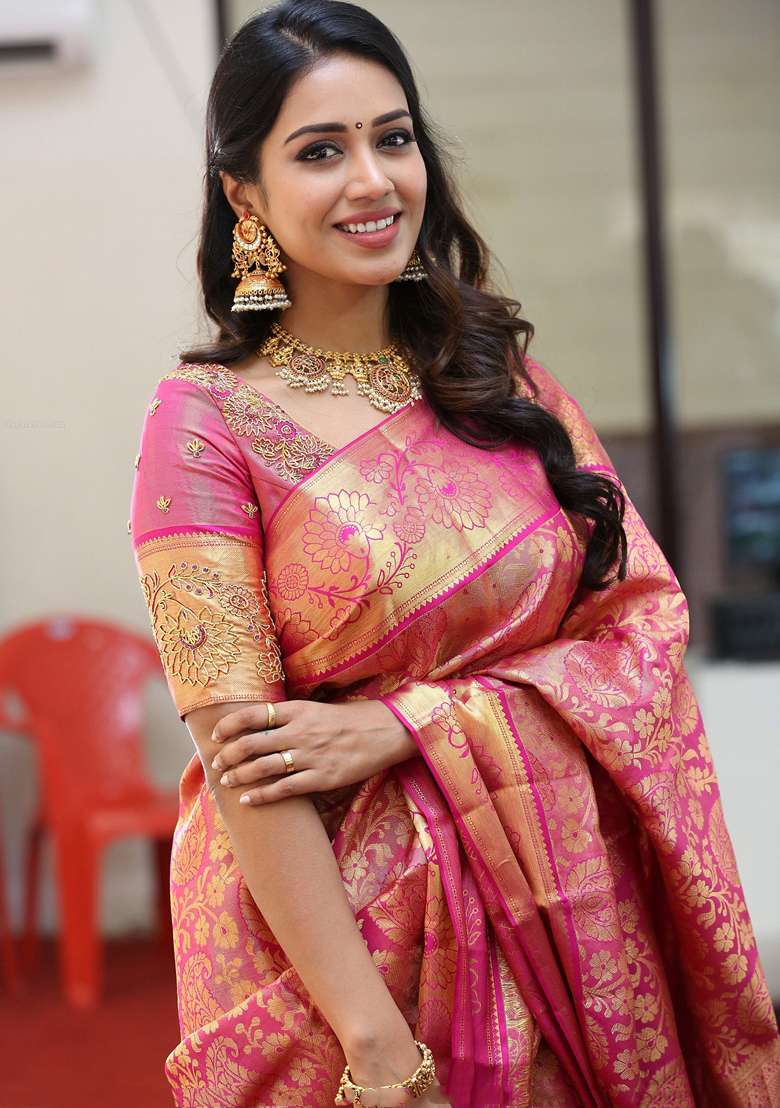 Pink Embroidered Silk Saree Set - Indya