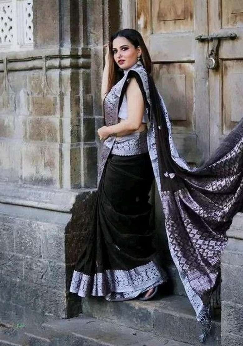 Black Silk Blend Saree Set with Embroidered for Diwali | Wedding & Festive Wear - Indya