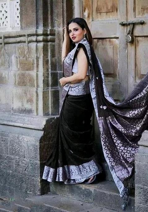 Black Embroidered Silk Saree Set