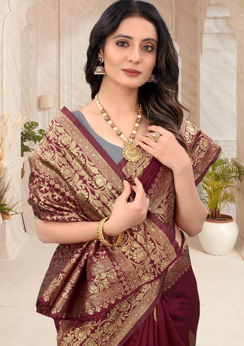 Maroon Embroidered Silk Saree Set - Indya