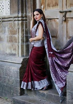 Maroon Embroidered Silk Saree Set