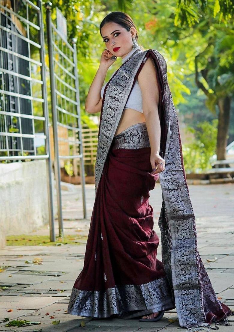 Maroon Embroidered Silk Saree Set - Indya