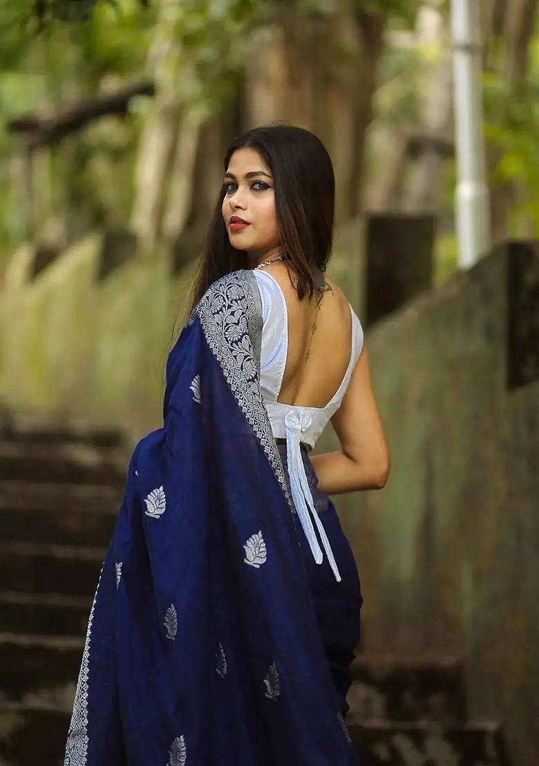 Blue Silk Blend Saree Set with Embroidered for Diwali | Wedding & Festive Wear - Indya