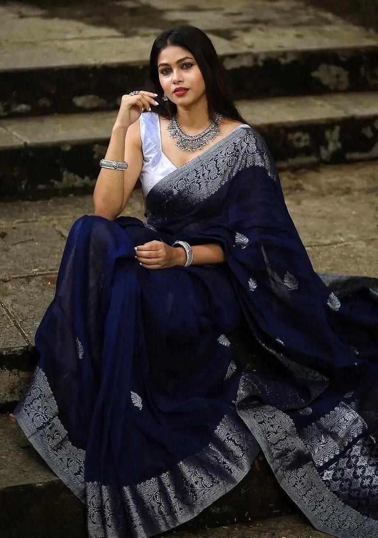 Blue Embroidered Silk Saree Set - Indya