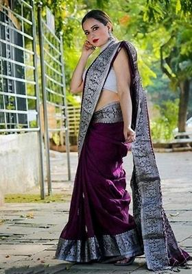 Wine Embroidered Silk Saree Set
