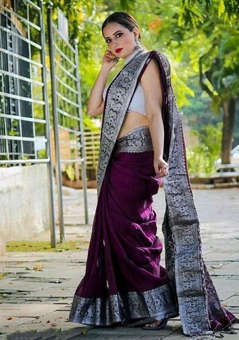 Wine Silk Blend Saree Set with Embroidered for Diwali | Wedding & Festive Wear - Indya