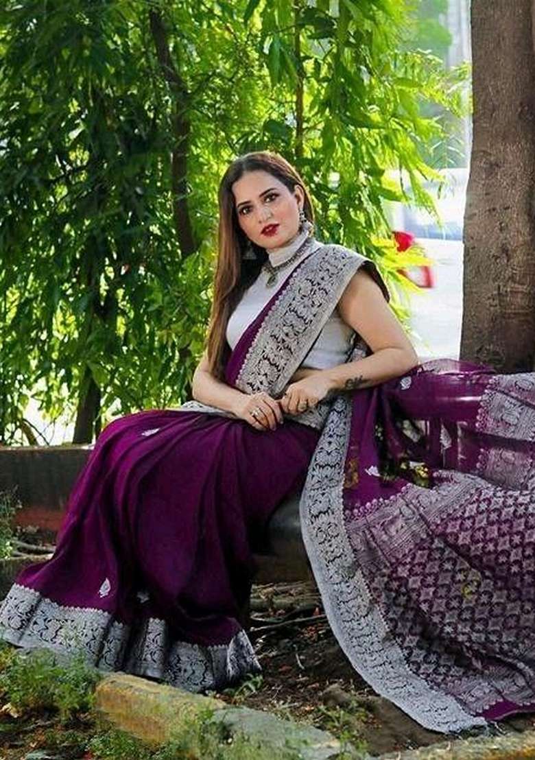 Wine Silk Blend Saree Set with Embroidered for Diwali | Wedding & Festive Wear - Indya