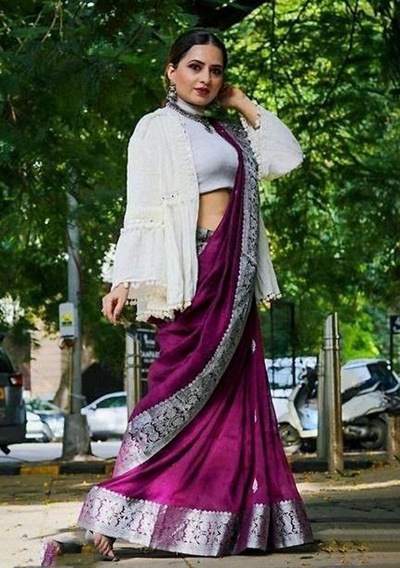 Wine Embroidered Silk Saree Set - Indya