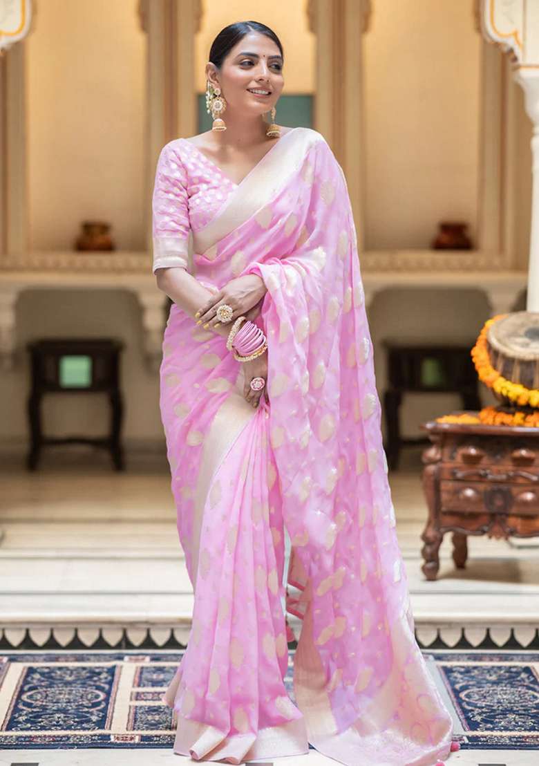 Pink Embroidered Silk Blend Saree Set for Diwali and Festive Wear - Indya