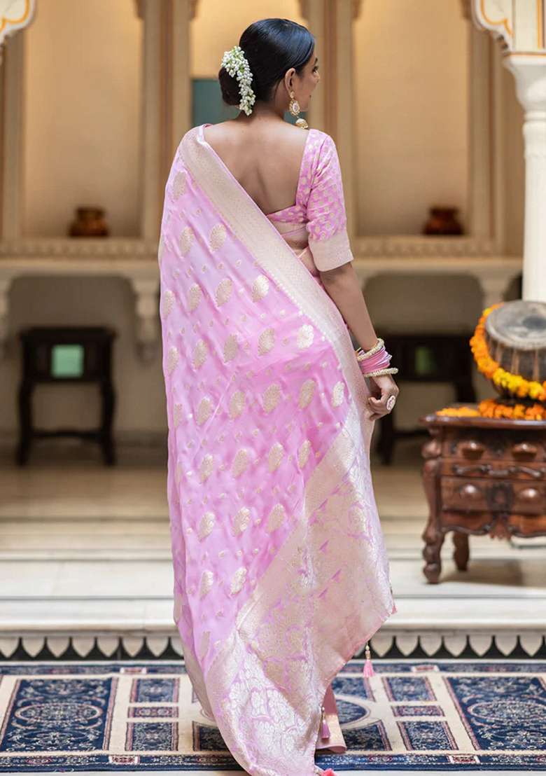 Pink Embroidered Silk Blend Saree Set for Diwali and Festive Wear - Indya