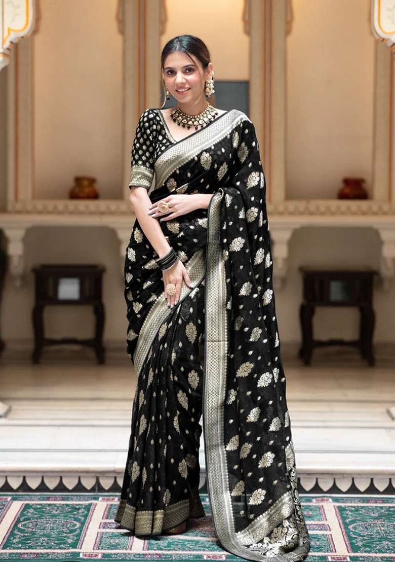 Black Silk Blend Saree Set with Embroidered for Diwali | Wedding & Festive Wear - Indya
