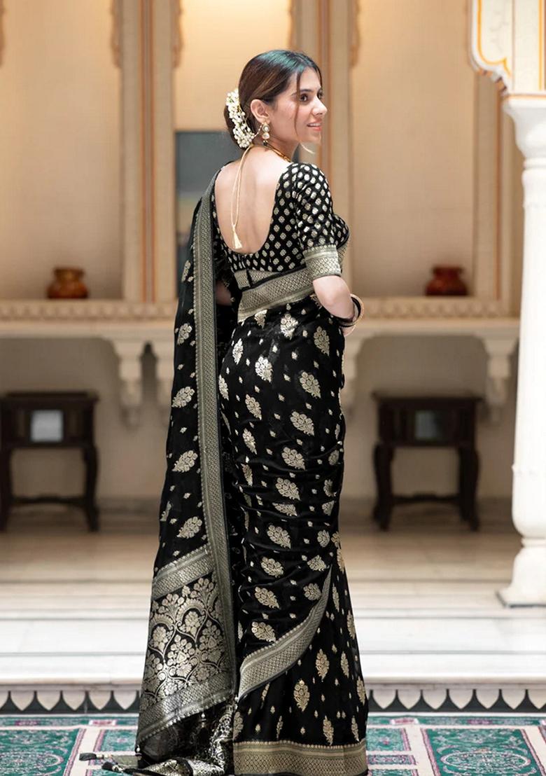 Black Embroidered Silk Saree Set - Indya