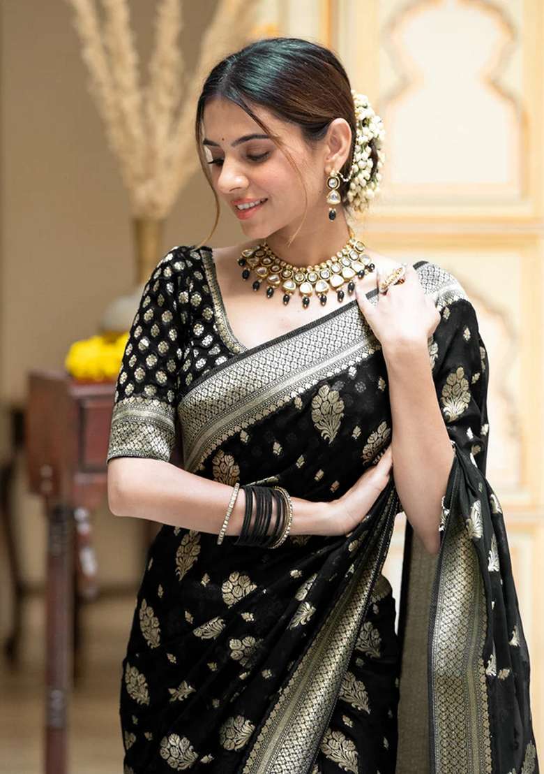 Black Silk Blend Saree Set with Embroidered for Diwali | Wedding & Festive Wear - Indya
