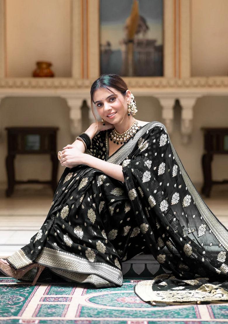 Black Embroidered Silk Saree Set - Indya