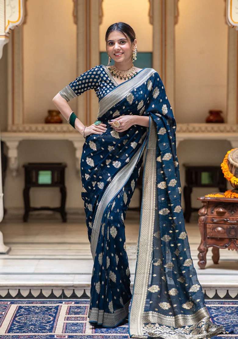 Blue Silk Blend Saree Set with Embroidered for Diwali | Wedding & Festive Wear - Indya