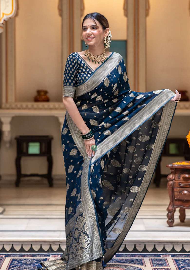 Blue Silk Blend Saree Set with Embroidered for Diwali | Wedding & Festive Wear - Indya