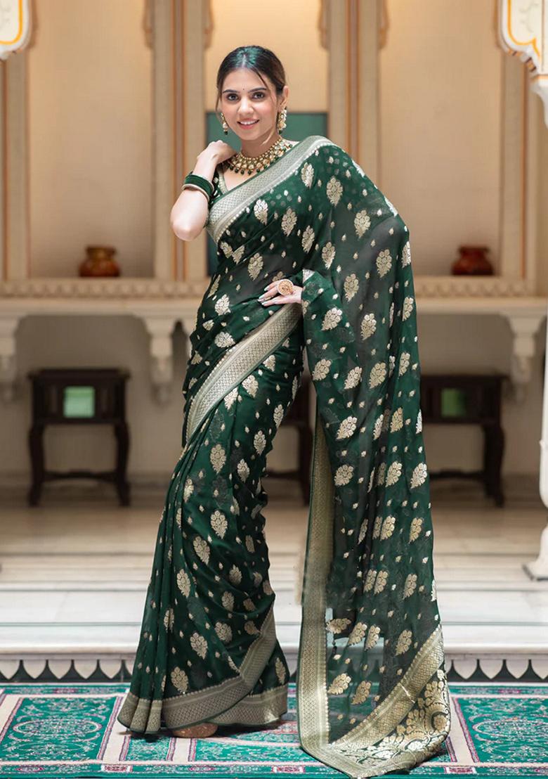 Green Embroidered Silk Saree Set - Indya