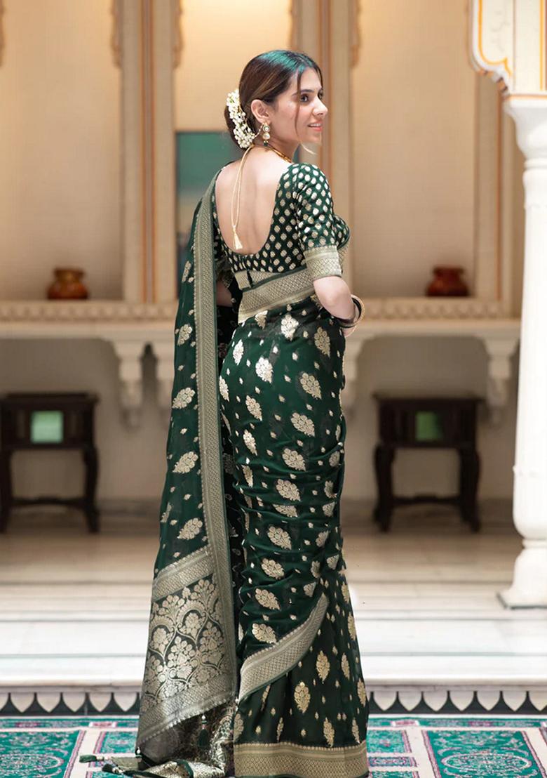 Green Embroidered Silk Saree Set - Indya