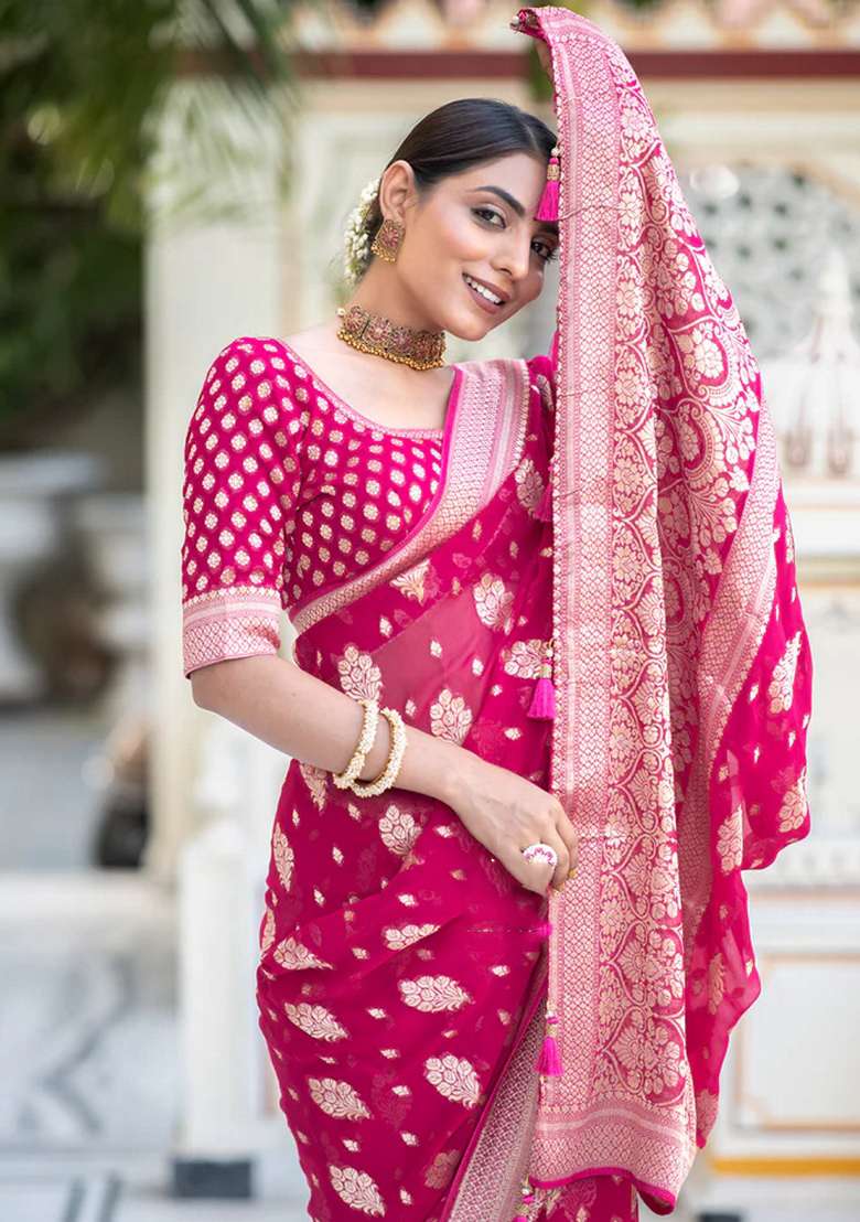 Pink Silk Blend Saree Set with Embroidered for Diwali | Wedding & Festive Wear - Indya