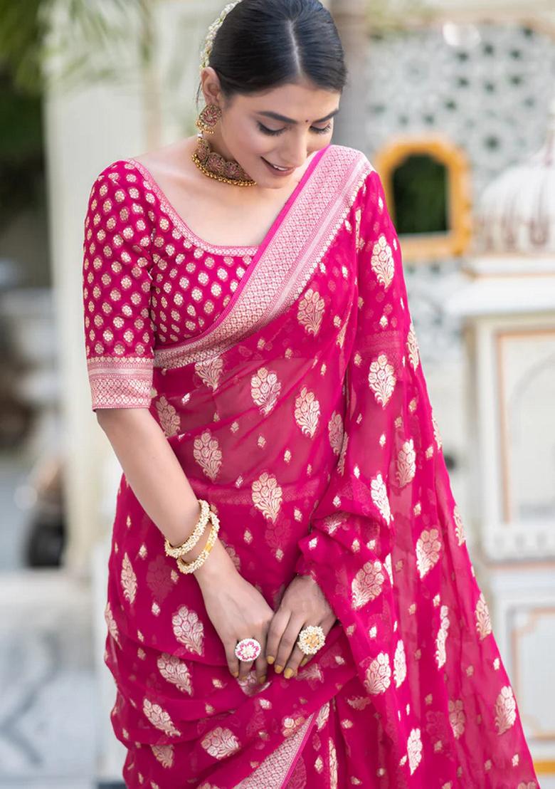 Pink Embroidered Silk Saree Set - Indya