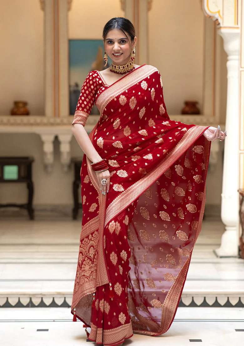 Red Silk Blend Saree Set with Embroidered for Diwali | Wedding & Festive Wear - Indya