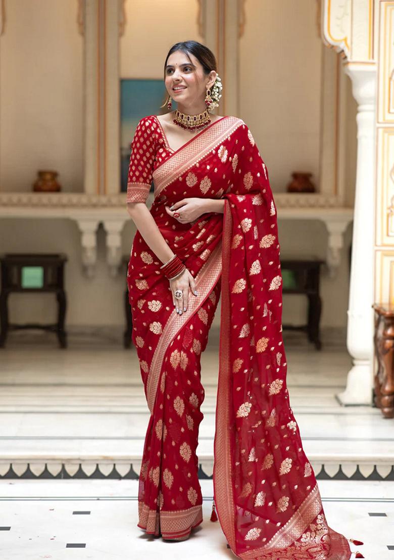 Red Embroidered Silk Saree Set - Indya
