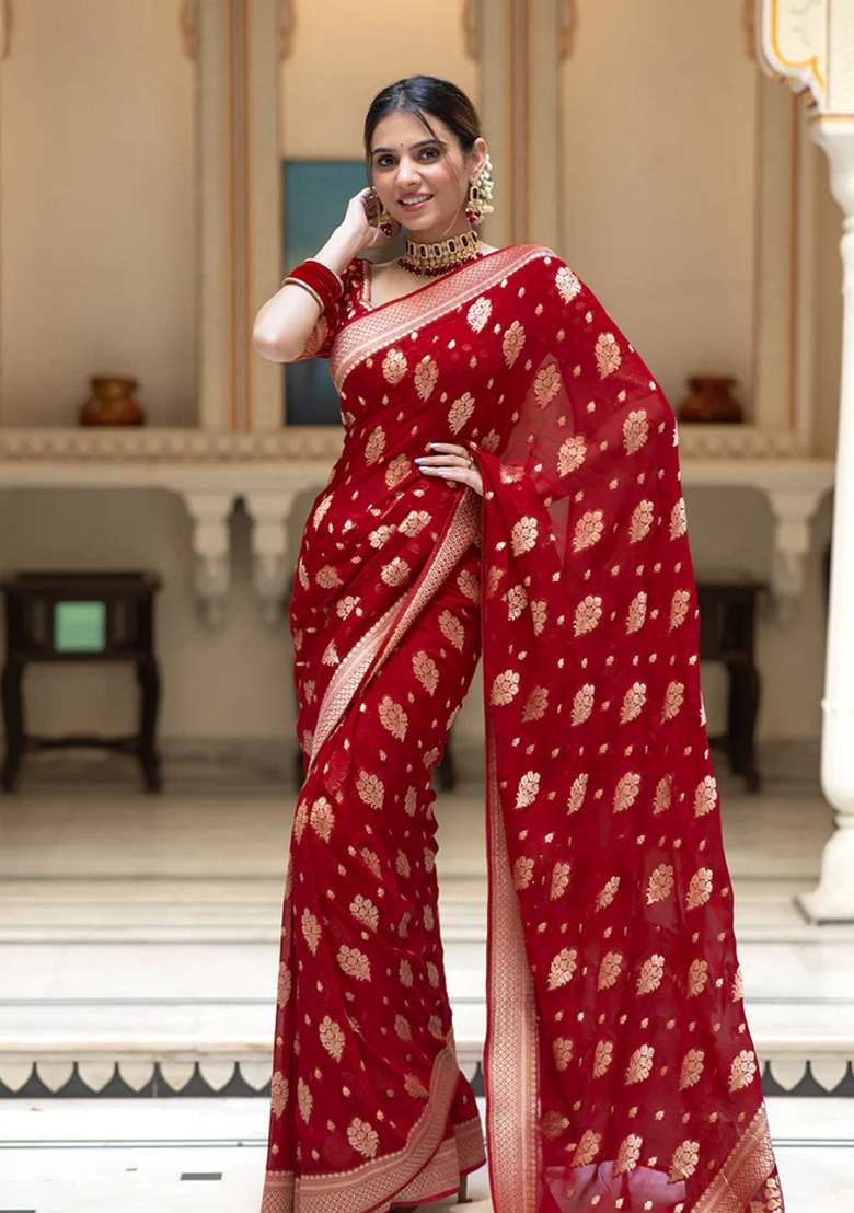 Red Silk Blend Saree Set with Embroidered for Diwali | Wedding & Festive Wear - Indya