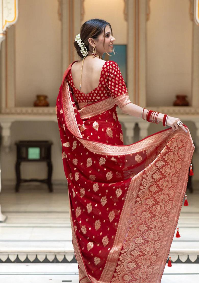 Red Embroidered Silk Saree Set - Indya
