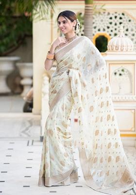 White Embroidered Silk Saree Set
