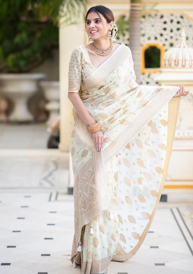 White Embroidered Silk Saree Set - Indya