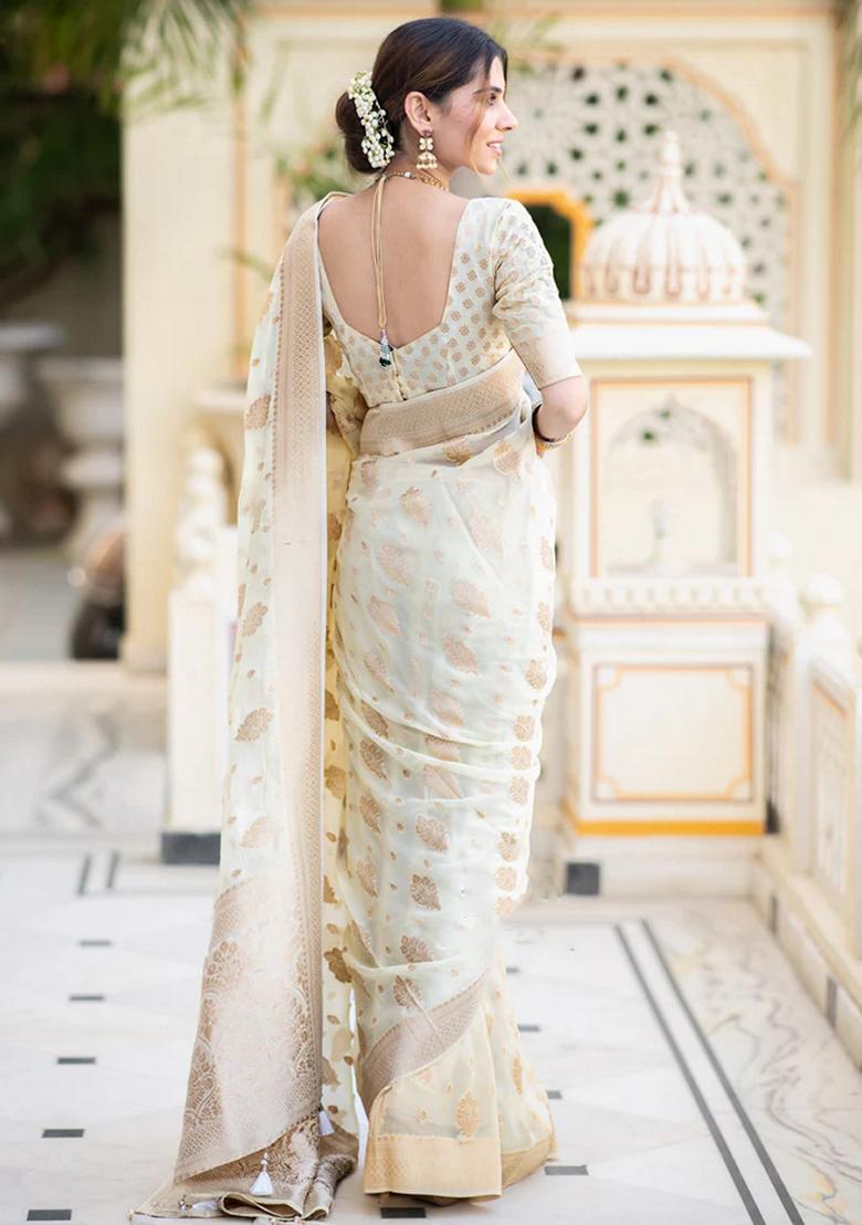 White Embroidered Silk Saree Set - Indya