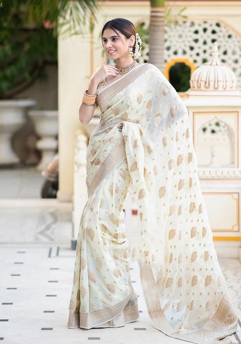 White Embroidered Silk Saree Set