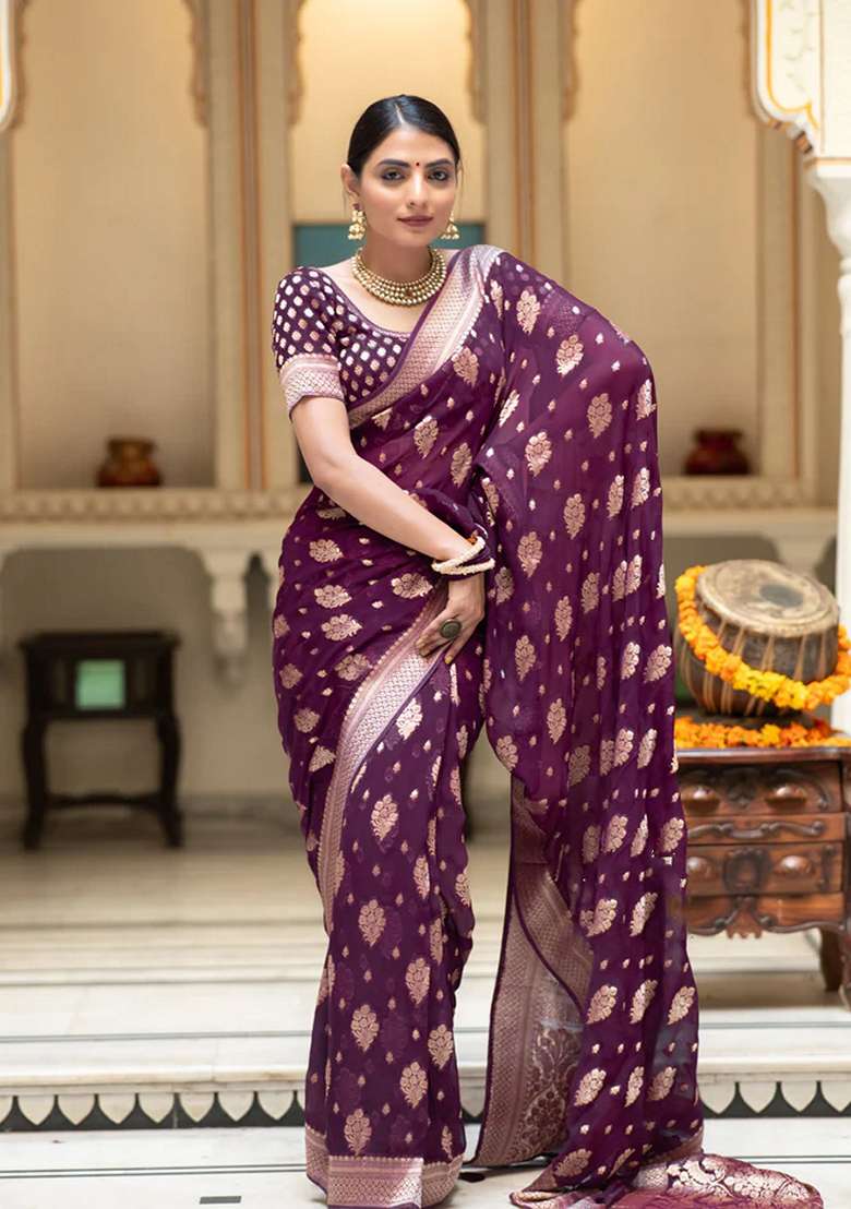 Wine Silk Blend Saree Set with Embroidered for Diwali | Wedding & Festive Wear - Indya