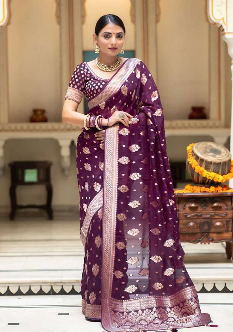 Wine Silk Blend Saree Set with Embroidered for Diwali | Wedding & Festive Wear - Indya