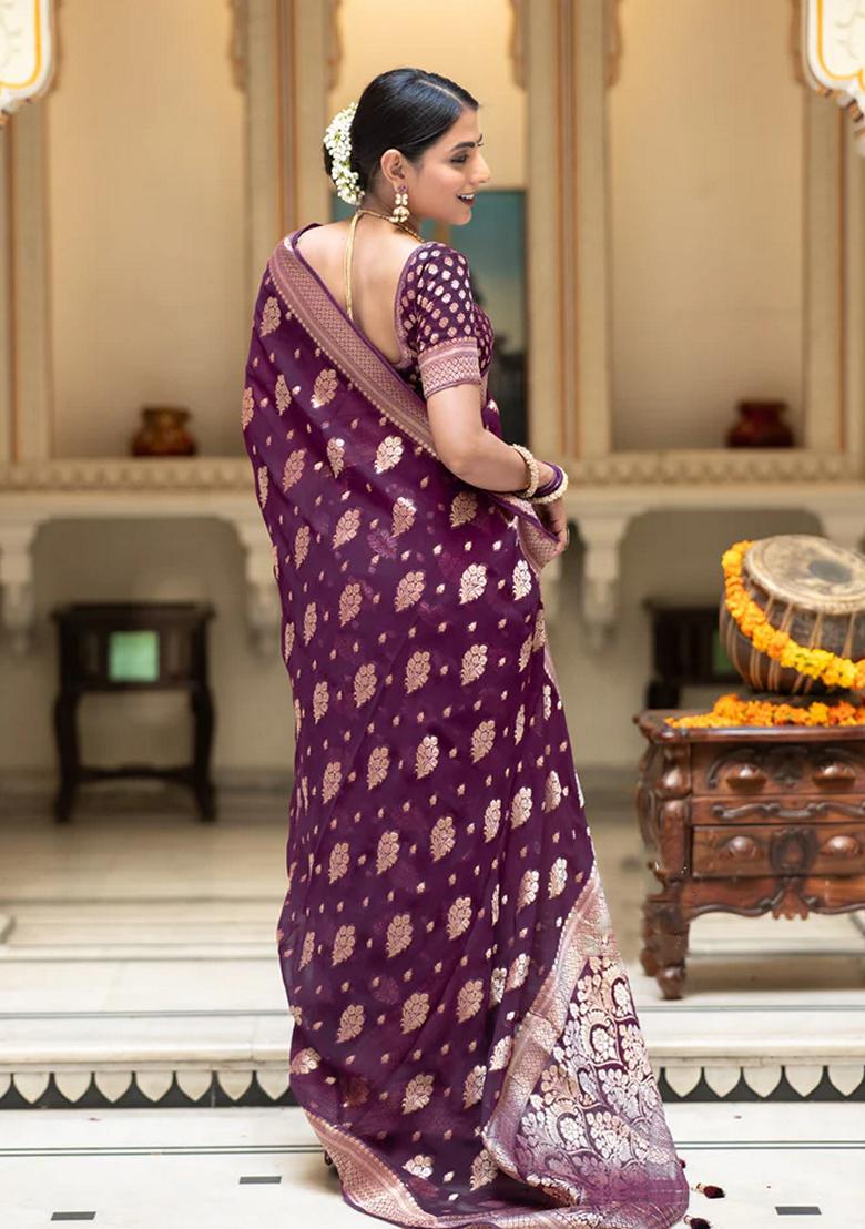 Wine Embroidered Silk Saree Set - Indya