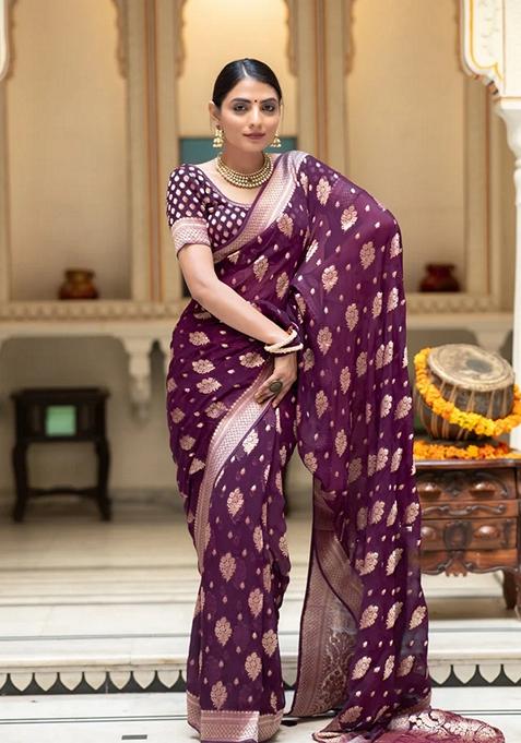 Wine Embroidered Silk Saree Set