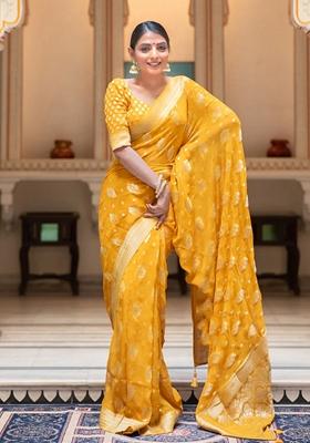 Yellow Embroidered Silk Saree Set
