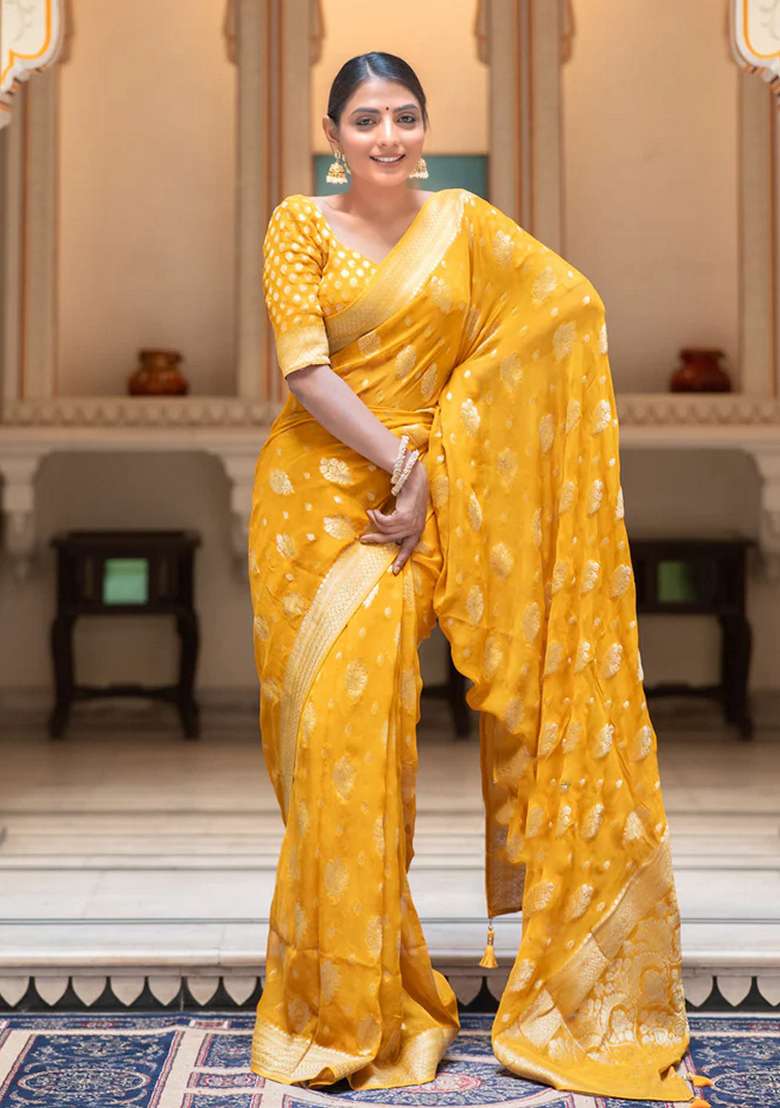 Yellow Embroidered Silk Blend Saree Set for Diwali and Festive Wear - Indya