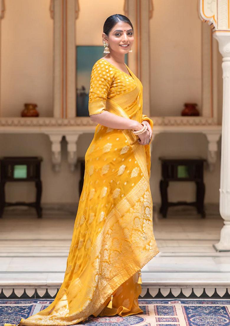 Yellow Embroidered Silk Saree Set - Indya