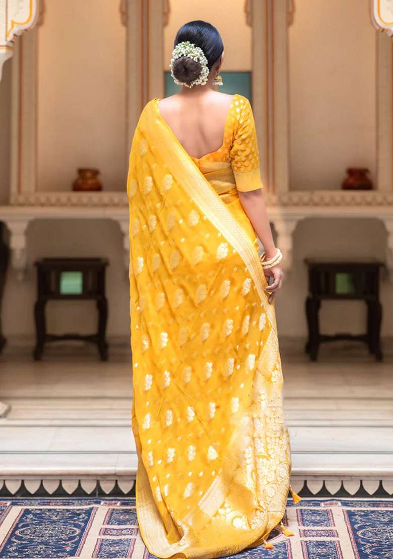 Yellow Embroidered Silk Blend Saree Set for Diwali and Festive Wear - Indya