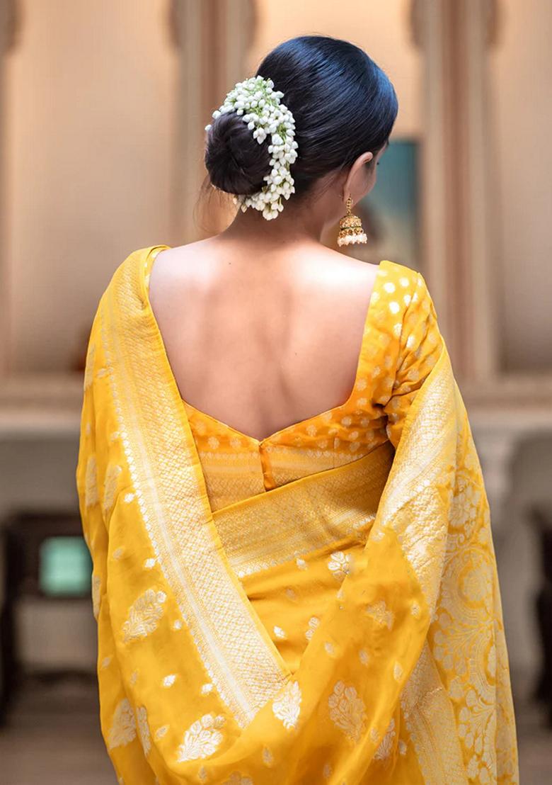Yellow Embroidered Silk Saree Set - Indya