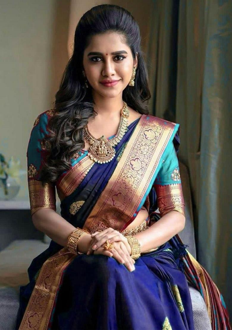 Blue Embroidered Silk Saree Set - Indya