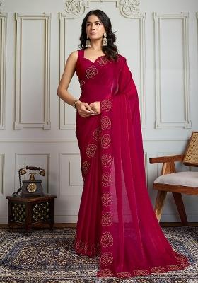 Pink Sequance Embroidery Blended Saree Set