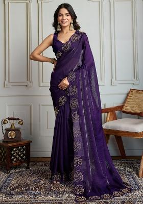 Purple Sequance Embroidery Blended Saree Set