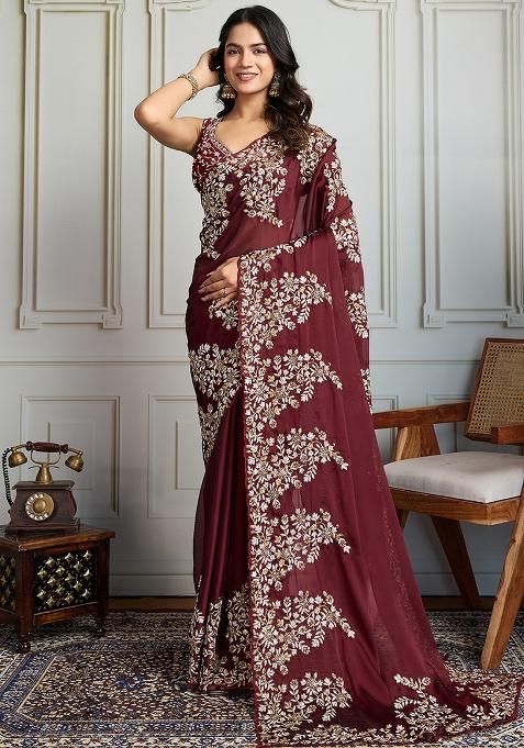 Maroon Sequance Embroidery Silk Saree Set